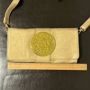 Penelope Ann 10.5” Tan Clutch with Gold Accents